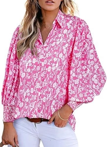 Detailed view of bohemian floral shirt with lantern sleeves and elastic ruffled cuffs