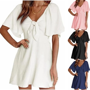 Women's V Neck Tie Bow Short Flounce Sleeve Mini Dress Crinkle Textured High Waist A-Line Beach Vacation Summer Dress