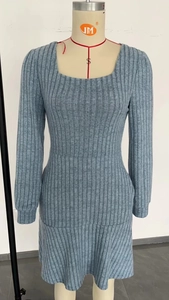 Detail of greyish blue knit dress featuring a square neck and soft ribbed texture
