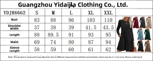 Size chart for long sleeve crewneck dress with waist pleats and pocket detail