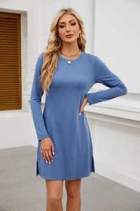 Detailed close-up showing the Morandi blue long sleeve dress with hem split and soft fabric