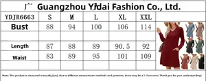 Größentabelle für langärmeliges Strickkleid mit V-Ausschnitt, Taschen und Rippenmuster