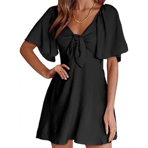 Short sleeve mini dress with V-neck bow tie and flared sleeves in black crepe fabric