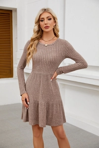 Detailed view of the ribbed knit fabric and layered ruffle hem on the brown sweater dress