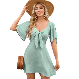 Women V-neck mint green summer mini dress with bow tie and butterfly sleeves