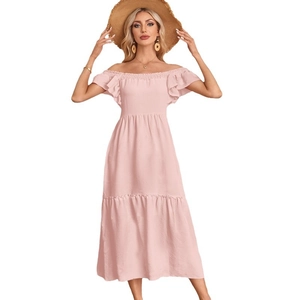 Pale pink off-shoulder tiered maxi dress with flutter sleeves and a square neckline