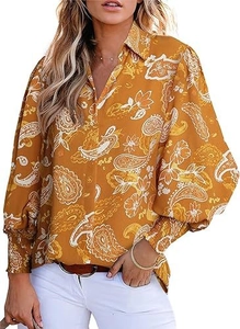 Detail of long sleeve yellow paisley chiffon shirt with lapel and lantern sleeves
