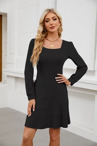 Close-up of square neck long sleeve black dress with ribbed knit texture detail