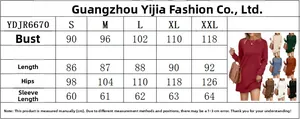 Detailed size guide table for long sleeve crewneck sweatshirt dress with back pleats