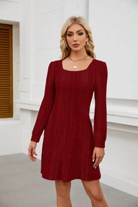 Detail of square neckline and pleated texture on wine red lantern sleeve dress