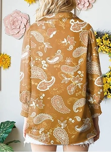 Back view of mustard yellow paisley print blouse with elegant lantern sleeves detail