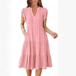 Pink V-neck tiered midi dress with ruffle cap sleeves and side pockets on white background