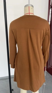 Detail of the back pleat and round neck on a long sleeve brown tunic dress