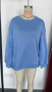 Close-up detail of light blue oversized sweatshirt with ribbed crewneck and soft fabric