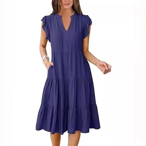 Purple V-neck midi dress with ruffle sleeves and tiered skirt featuring side pockets