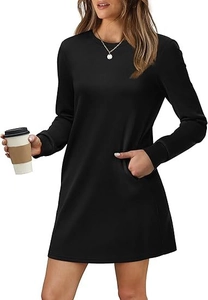 Detail of black crew neck long sleeve sweatshirt dress featuring side pockets and a soft texture