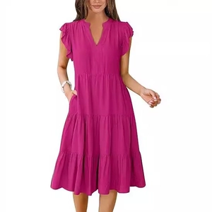 Elegant V-neck tiered midi dress with ruffle sleeves and side pockets in magenta pink