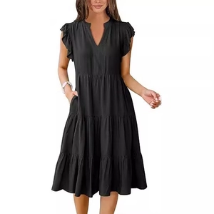 Women's black V-neck midi dress with ruffle sleeves and tiered cake hemline skirt