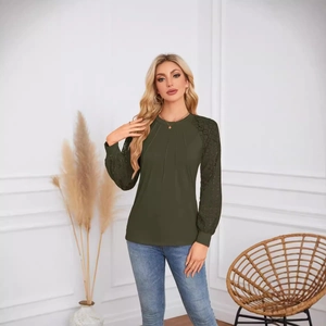 Elegant dark green long sleeve top with lace patchwork sleeves and pleated crewneck
