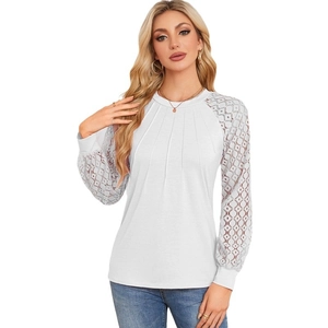 Elegant white long sleeve top with lace patchwork and pleated crewneck design