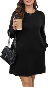 Detail view of black long-sleeve sweatshirt dress featuring practical side pockets