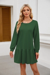 Deep green long sleeve casual dress featuring a round neck and ruffled hemline detail