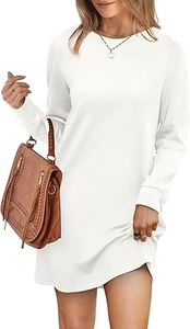 Close-up of white crewneck sweatshirt dress with ribbed cuffs and oversized fit