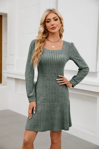 Detail of square neck and knit texture on a sage green long sleeve mini dress