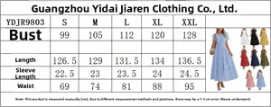 Size chart for women's V-neck puff sleeve dress showing S to XXL dimensions in cm