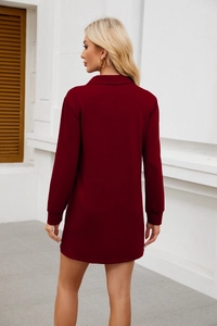 Vue arrière d'une robe polo bordeaux à manches longues, coupe ajustée avec col polo