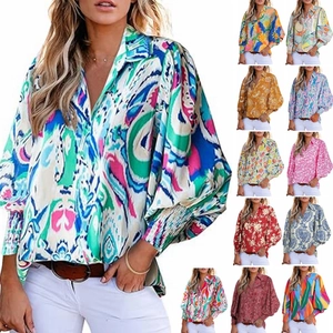 Women Casual Floral Print Long Sleeve Blouse Vintage Paisley Lantern Sleeve V Neck Button Down Shirt Bohemian Tops
