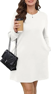 Detail view of a white long-sleeve sweatshirt dress with side pockets and casual fit