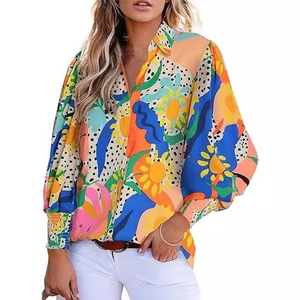 Women floral print long sleeve blouse with cold-shoulder cutout and lantern sleeves