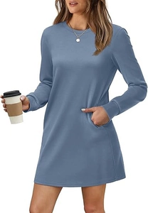 Detail of crewneck sweatshirt dress in dusty blue featuring functional side pockets