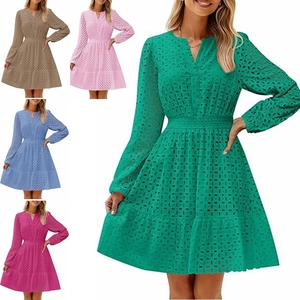 Vestito da Donna con Scollo a V Ricamo a Occhiello Manica Lunga Casual Vita Elastica Linea ad A Volant Midi Abito Cotone