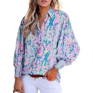 Floral print long sleeve shirt with lapel collar and lantern sleeves for casual wear