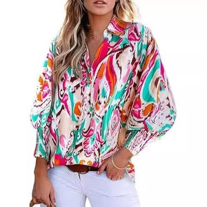 Women's long sleeve blouse with colorful paisley print and elegant V-neck design