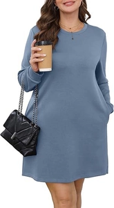 Detailed view of the side hidden pockets on this Morandi blue long sleeve knit dress
