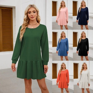 Women Casual Round Neck Long Sleeve Sweatshirt Dress Solid Color Ruffle Flounce Hem Loose Fit Mini Dress Fashion Comfortable Tunic