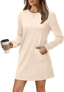 Detail view of beige long sleeve crew neck sweatshirt dress with practical side pockets