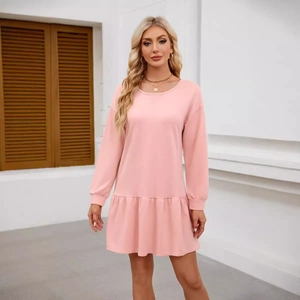 Pink long sleeve sweatshirt dress with crew neck and tiered ruffle hem for women