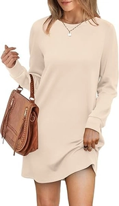 Detail of apricot crewneck long sleeve sweatshirt dress with ribbed cuffs and loose fit