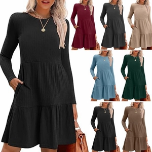 Women's Casual Ribbed Knit Sweater Dress Round Neck Tiered Hem With Pockets Long Sleeve Solid Color Midi Dress Fashion