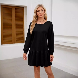 Minimalist black long sleeve crewneck dress featuring a stylish flounce hem for women