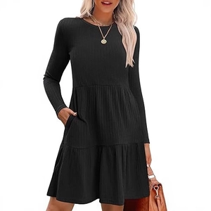 Women's black long sleeve ribbed tiered midi dress with round neck and side pockets