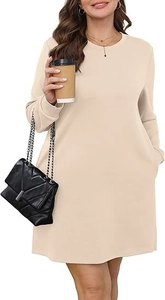 Detailed view of beige long sleeve dress with practical side pockets and round neckline