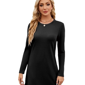 Women's black crew neck long sleeve slim fit casual knit dress with side slit detail