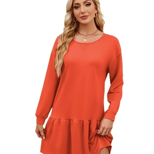 Long sleeve orange coral sweatshirt dress with crew neck and flounce hem for women
