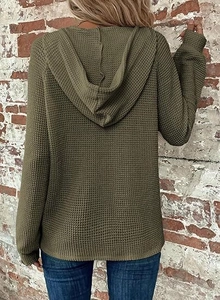 Back view of army green waffle knit hoodie with detailed texture and relaxed fit style