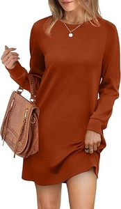 Detailed texture of the caramel long sleeve crewneck dress with pleated back design